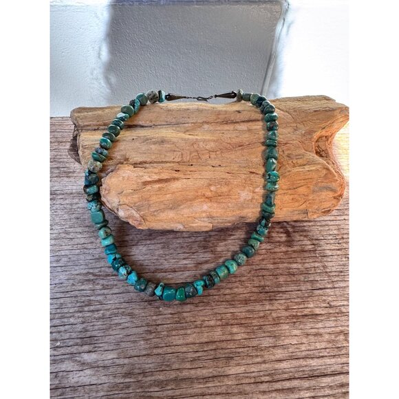 Vintage Turquoise Nugget Bead Necklace Sterling Silver Ends Hook Clasp Southwest - Picture 2 of 11